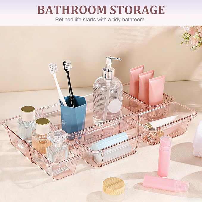 15 Pcs Adjustable Clear Drawer Organizer, All Extendable Vanity Storage Bins, Desk Drawer Organizer Set for Makeup, Cosmetics, Bedroom, and Gadgets, Pink