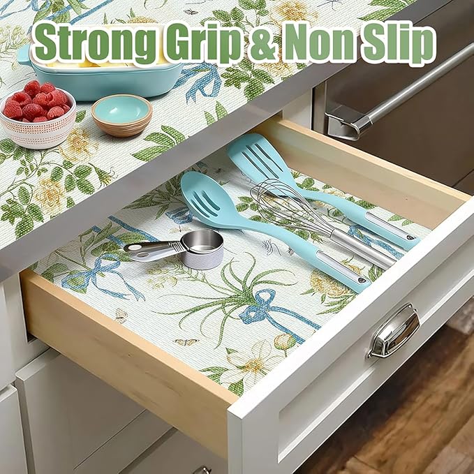 Drawer and Shelf Liner for Kitchen Cabinets Non Adhesive Cabinet Liners Floral Shelf Liners Strong Grip Non-Slip Drawer Liner Waterproof Easy to Clean Cupboard Shelves Dresser Liner 15.7IN x 16.4FT