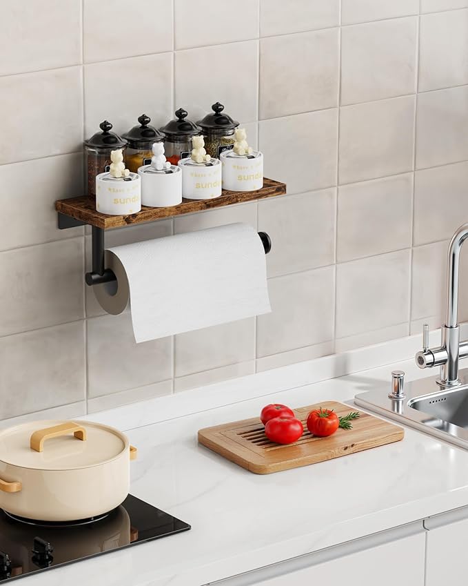 Paper Towel Holder Wall Mount with Shelf - Wooden Hanging Paper Towel Holder for Bathroom, Wall Mounted Hand Towel Holder, Paper Towel Rack for Bathroom, Kitchen, Laundry Room, Rustic Brown