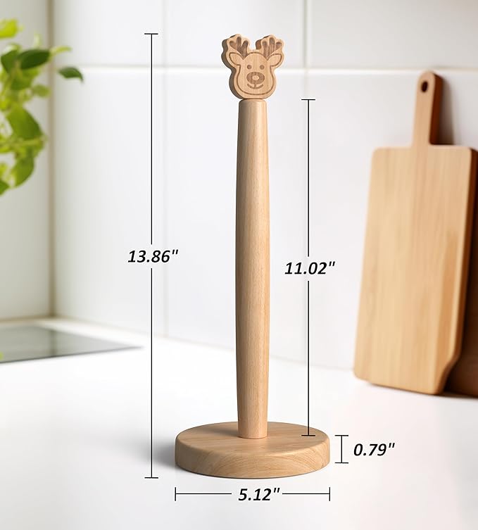 KitchLife Cute Wooden Paper Towel Holder Countertop - Solid Freestanding Paper Towel Dispenser Stand Organizer with Anti-Skid Base (Christmas Reindeer Style)