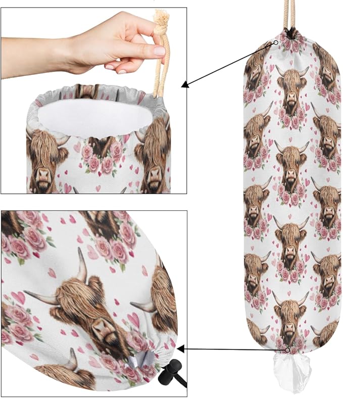 Plastic Bag Holder Heart Rose Highland Cow Wall Mount Grocery Bag Holder Wasgable Plastic Bag Dispenser Garbage Bag Organizer for Home Kitchen Decor, Gifts for Women Mom Family Friends