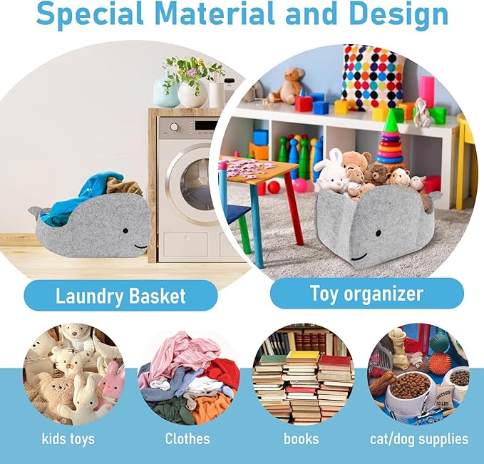 Storage Basket Felt Storage Bin Whale Shaped Collapsible & Convenient Box Organizer with Carry Handles for Home Bedroom Closet Babies Nursery Toys (Large)