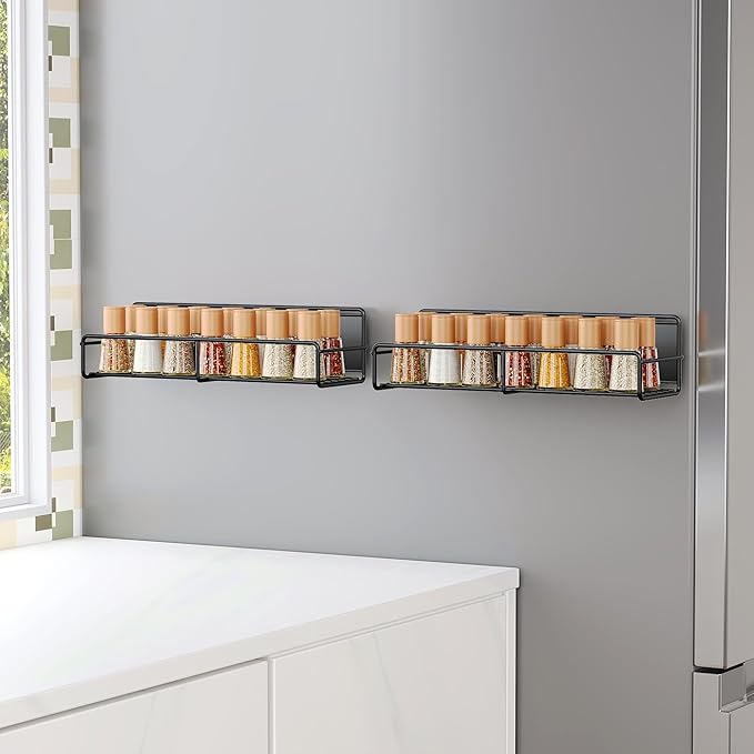 Mystozer 2 Pack Magnetic Spice Rack Organizer, Space Saver for Refrigerator and Microwave Oven, Magnetical Fridge Shelf for Jars, Seaoning, tins and Utensils Black