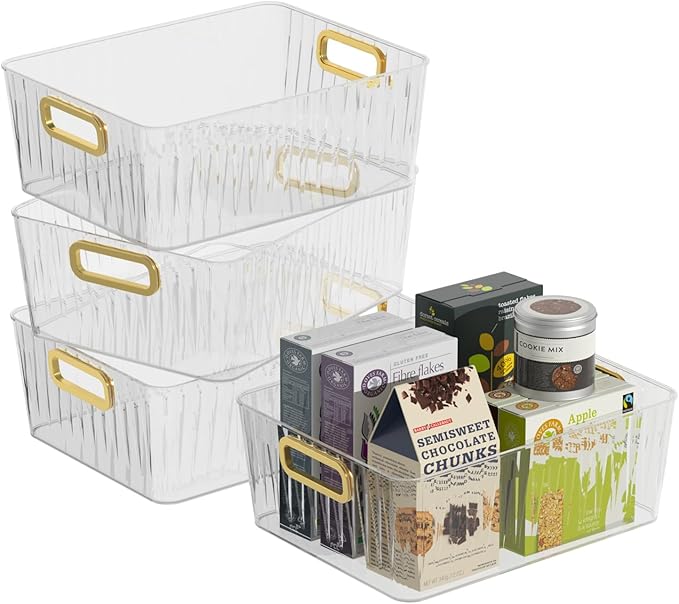 4-pack Clear Pantry Storage Bin Box, Plastic Organizer Bin for Fridge kitchen