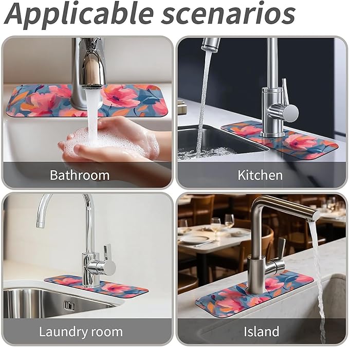 Kitchen Sink Splash Guard，Coral-colored flowers Faucet Mat Sink Gadgets-Super Absorbent Fast Drying Mat Drip Catcher for Kitchen, Bathroom,Sink Mat, Dish Drying Mat, Bathroom(15" X 5.5" )