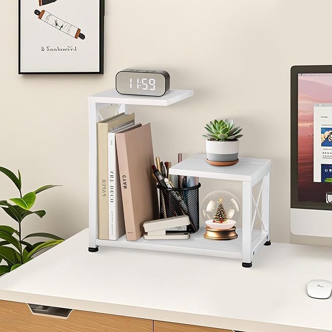 Desk Shelf Organizer, 3 Tier Storage Shelf Riser Display Stand, Wood Desktop Organizer Small Bookshelf, Desktop Shelf for Office Decor and Desk Accessories, White