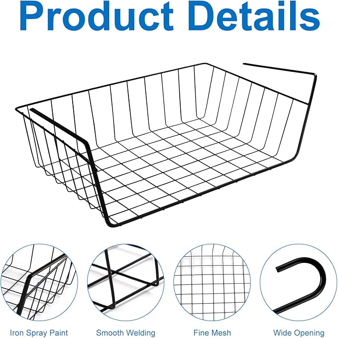 JIABEIUS 8 Pack Under Shelf Storage Basket, Hanging Under Cabinet Wire Rack with 8pcs Hooks, Slide-in Baskets Organizer for Kitchen Pantry Counter Desk Bookshelf (Black)