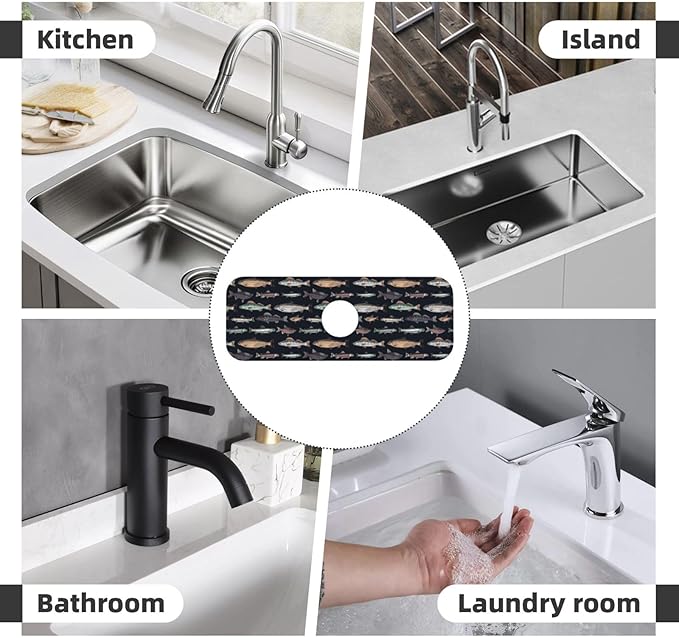 Vintage Fish Fishes Ocean Fishing Kitchen Sink Splash Guard Faucet Mat Super Absorbent Fast Drying Mat Sink Gadgets-Fast Drying Pad Sink Mat For Kitchen Bathroom (15" X 5.5" )