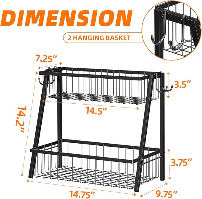 Simple Trending 2 Tier Fruit Basket Metal Wire with 4 Banana Hooks, Countertop Fruit Vegetable Basket Kitchen Organizer for Bread Snack Veggies Produce, Black