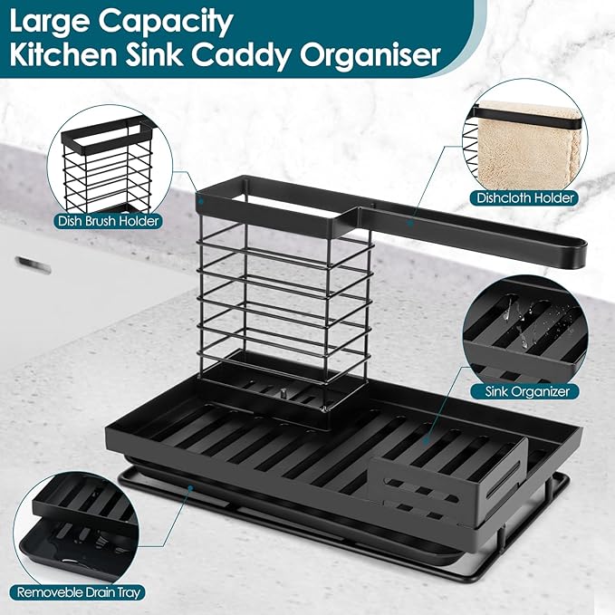 Sinnsally Sponge Holder for Kitchen Sink Caddy,Sink Organizer Rack with Dish Brush Holder & Drain Tray,Rustproof 304 Stainless Soap Dispenser Storage for Kitchen Organization Accessories & Decorations