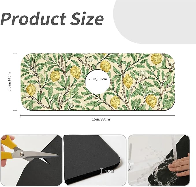 Kitchen Sink Splash Guard，Lemon tree Faucet Mat Sink Gadgets-Super Absorbent Fast Drying Mat Drip Catcher for Kitchen, Bathroom,Sink Mat, Dish Drying Mat, Bathroom(15" X 5.5" )