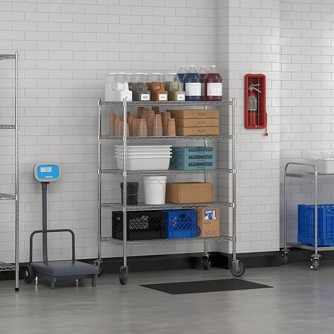 Commercial NSF Listed Chrome Mobile Wire Shelving Kit 21" x 42" x 60", with 5 Shelves Perfect for Warehouse, Walk-in Refrigerator, Freezer, Grocery Store, Restaurant, Dishroom