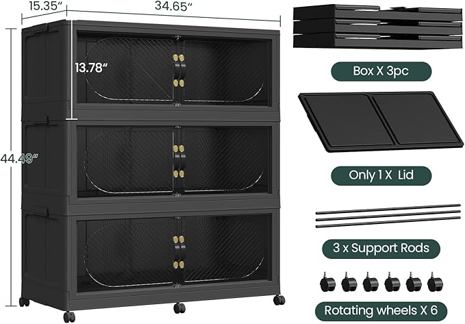 180Gal/720QT 3-Tiers Extra Large Stackable Storage Bins with Lid, Collapsible Cabinet Closet Organizer Plastic Container Box with Wheels Doors Drawers for Office Dorm Kitchen Office, Black