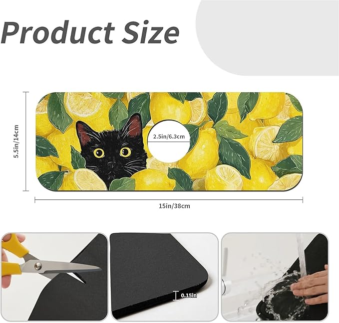 Kitchen Sink Splash Guard，Lemons and Cat Faucet Mat Sink Gadgets-Super Absorbent Fast Drying Mat Drip Catcher for Kitchen, Bathroom,Sink Mat, Dish Drying Mat, Bathroom(15" X 5.5" )