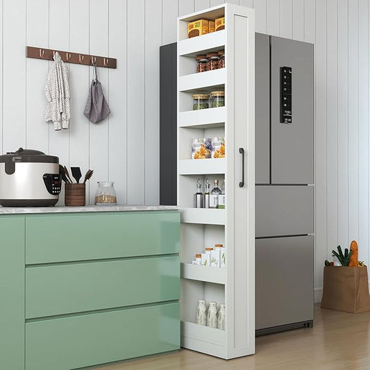 7 Tier Pull-Out Storage Cabinet with Handle & Wheels, Tall Narrow Spice Rack Next to Fridge, Wood Food Pantry for Kitchen, Dining Room, White