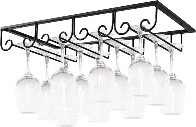 MOCOUM Under Cabinet Wine Glass Rack Stemware Rack, Wine Glasses Hanger Rack Wire Wine Glass Holder Storage Hanger for Cabinet Kitchen Bar (Black, 4 Rows 1 Pack)