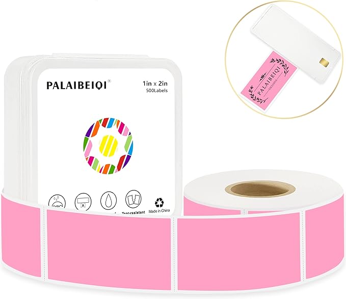 PALAIBEIQI 1x2 Inch Thermal Labels,500PCS Rectangle Stickers,Waterproof Removable Blank Stickers for Address,Jars,Freezer Containers & Pantry Organization,Pink