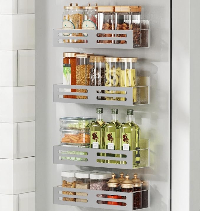 Roysili Magnetic Spice Rack for Refrigerator, Metal Spice Rack Organizer, Magnetic Shelf for Fridge 4Pack Grey
