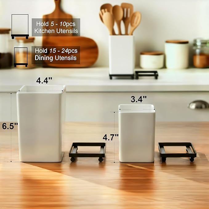 Tiered Counter Utensil Holder Set with 6.5" & 4.7" Removable Drainage Bins, Dual Kitchen Utensil Crock for Cooking Dining Utensils & Spatulas, White