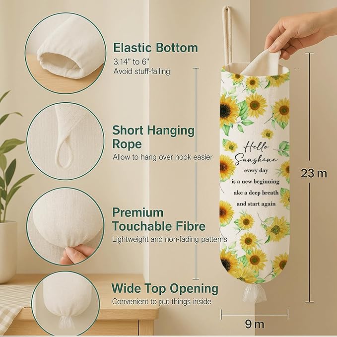Sunflower Plastic Bag Holder, Hello Sunshine Plastic Bag Holder for Kitchen Essentials, Bags Holders for Plastics Bags Groceries Store, Floral Reusable Trash Sack Storage Dispenser to Home Decor