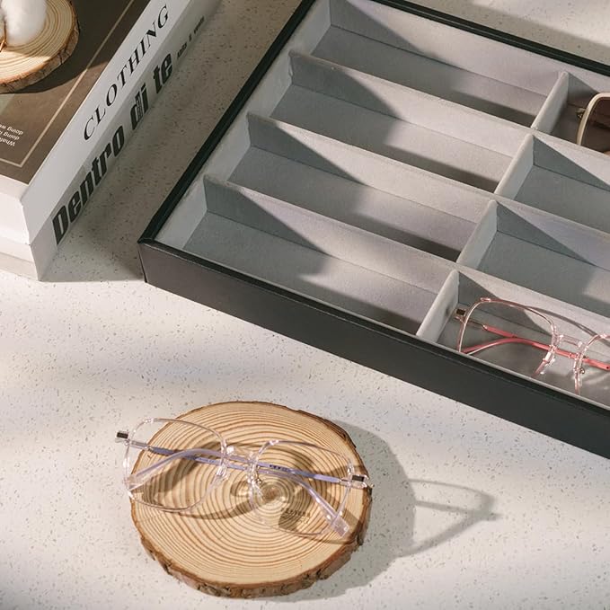 Glasses Holder Box Drawer Sunglass Organizer for Men Clear Wide Storage Case 8 Slots Multiple Reading Glasses Display, Black Leather