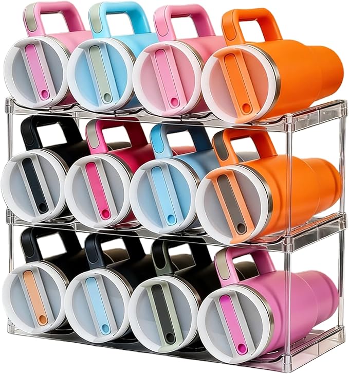 Water Bottle Organizer for Stanley 40 OZ Tumbler Cup Accessories, Clear Stackable Bottle Holder Wine Rack for Cabinet Countertop Kitchen Home Pantry Shelf Storage, 3 Tier Hold 12 Bottles