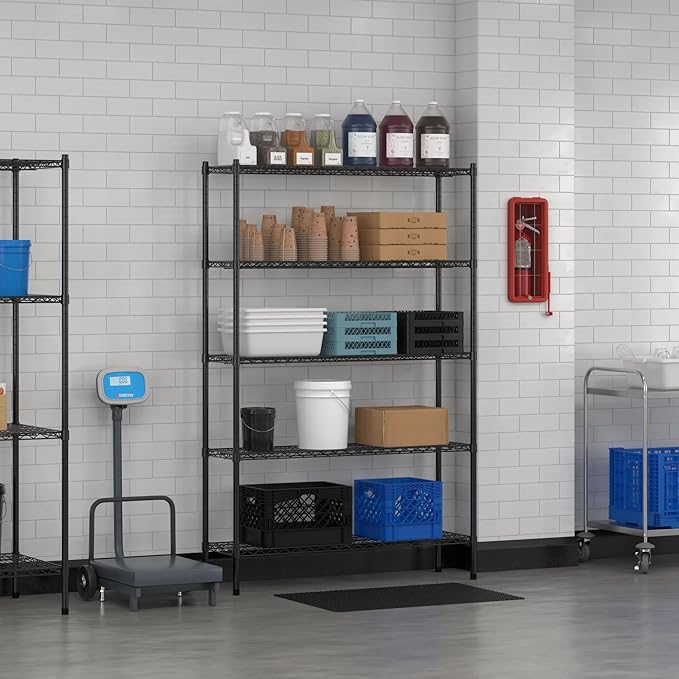 Commercial NSF Listed Black Epoxy Stationary Wire Shelving Kit 14" x 48" x 74", with 5 Shelves Perfect for Warehouse, Walk-in Refrigerator, Freezer, Grocery Store, Restaurant, Dishroom