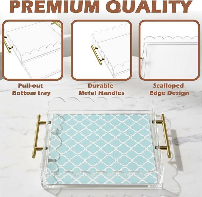 Scalloped Acrylic Tray with Metal Handles,12" x 12" Clear Acrylic Display Tray with Pull-Out Drawer for Photos, Art Prints, Postcards, Decorative Organizer Trays for Vanity,Home,Office