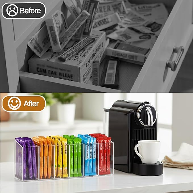 Drink Packet Organizer, Adhesive & Magnetic Water Packet Holder with Removable Divider & 6 Compartment, Clear Acrylic Water Flavor Packet Organization Container for Kitchen Bins Cabinets Organizer