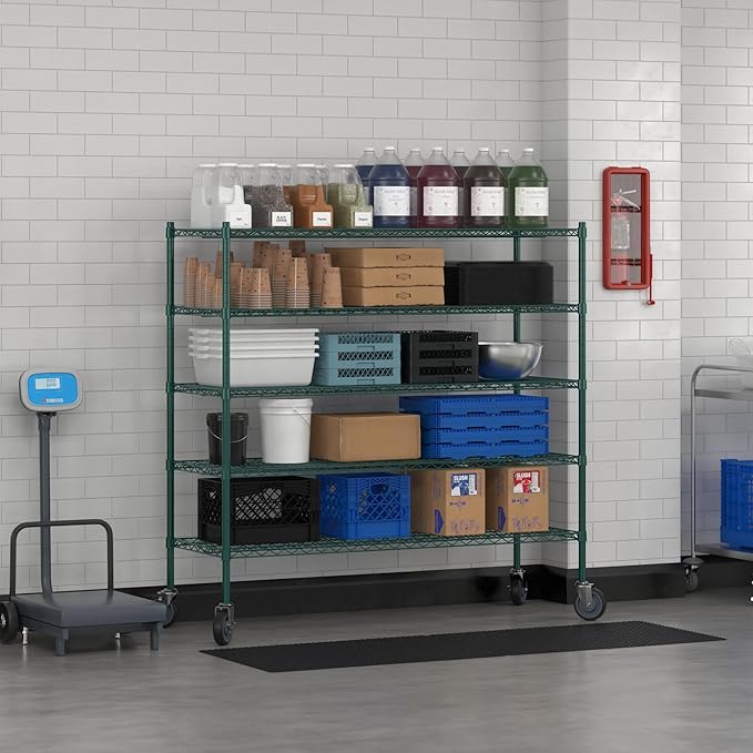 Commercial NSF Listed Green Epoxy Mobile Wire Shelving Kit 21" x 60" x 60", with 5 Shelves Perfect for Warehouse, Walk-in Refrigerator, Freezer, Grocery Store, Restaurant, Dishroom