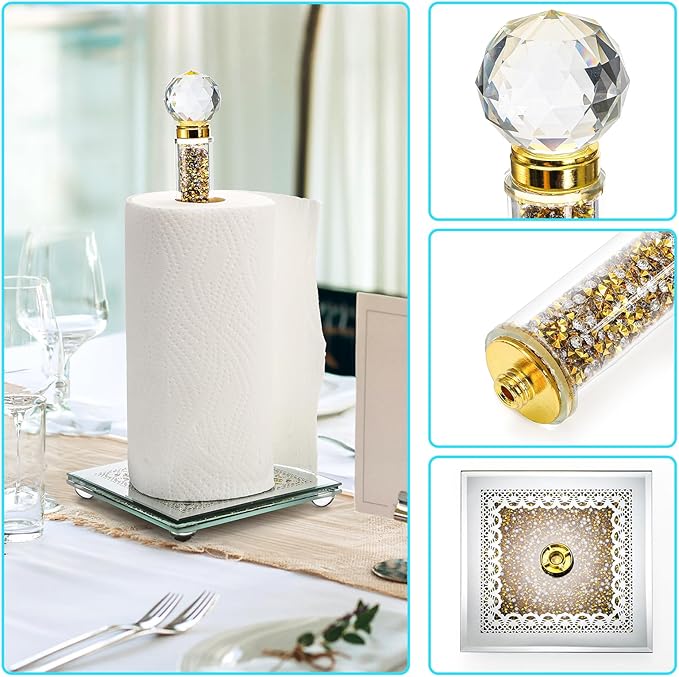 Suwimut Paper Towel Holder, Gold Paper Towel Roll Dispenser Stand Weighted Base Non Slip Filled with Sparkly Crystal Crushed Diamond House Decor for Home Kitchen Countertop Tabletop