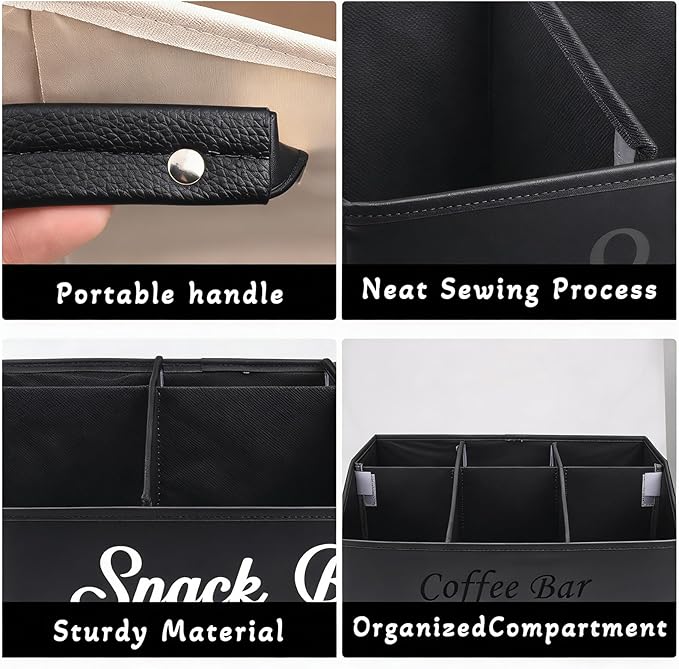 Snack Organizer for Countertop, Snack Basket with Adjustable Compartments via Velcro, 6 Compartment Food Container, Basket for Snacks with PU Handles, Black