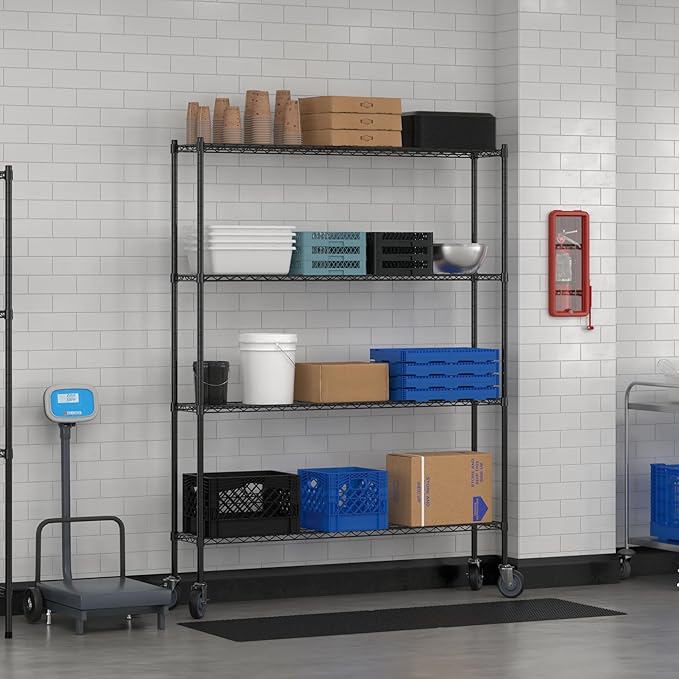 Commercial NSF Listed Black Epoxy Mobile Wire Shelving Kit 12" x 60" x 80", with 4 Shelves Perfect for Warehouse, Walk-in Refrigerator, Freezer, Grocery Store, Restaurant, Dishroom