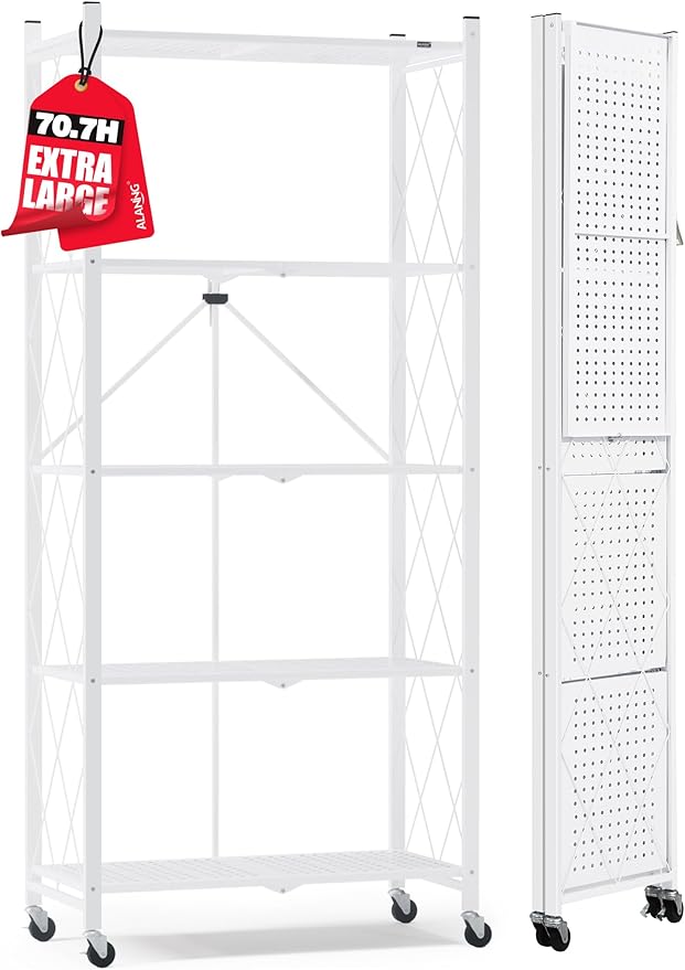 ALANNG 70.7" H Metal Storage Shelves, 5 Tier Folding Shelf on Wheels, Heavy Duty, No Assembly, Rolling, Collapsible Rack Unit for Kitchen, Basement, Pantry (White,1 Pack)