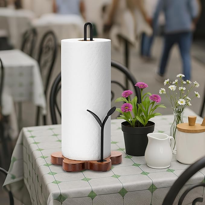 Wood Paper Towel Holder Countertop, Floral Base with Leaf-Shaped Accent Iron Rods, Easy Tear Farmhouse Kitchen Towel Holder for Dining Table