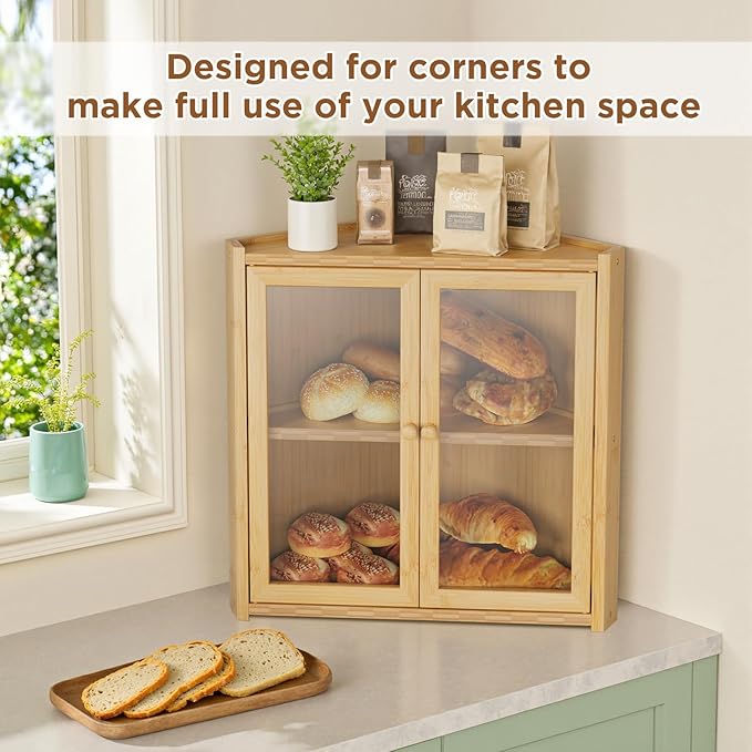 BAMBANG Corner Bread Box for Kitchen Countertop, Double Layer Bamboo Bread Storage Container with 2 Doors, Farmhouse Large Bread Bin Counter Top, Wooden Breadbox Holder for Homemade Bread, Natural