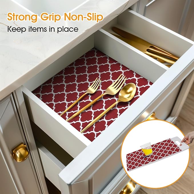 Shinlendid Shelf and Drawer Liner for Kitchen Cabinets Non-Adhesive, Strong Grip Non-Slip Thickened Cabinet Liners for Shelves, Waterproof Mats for Dresser Cupboard, Red/White, 23 in x 10 Feet