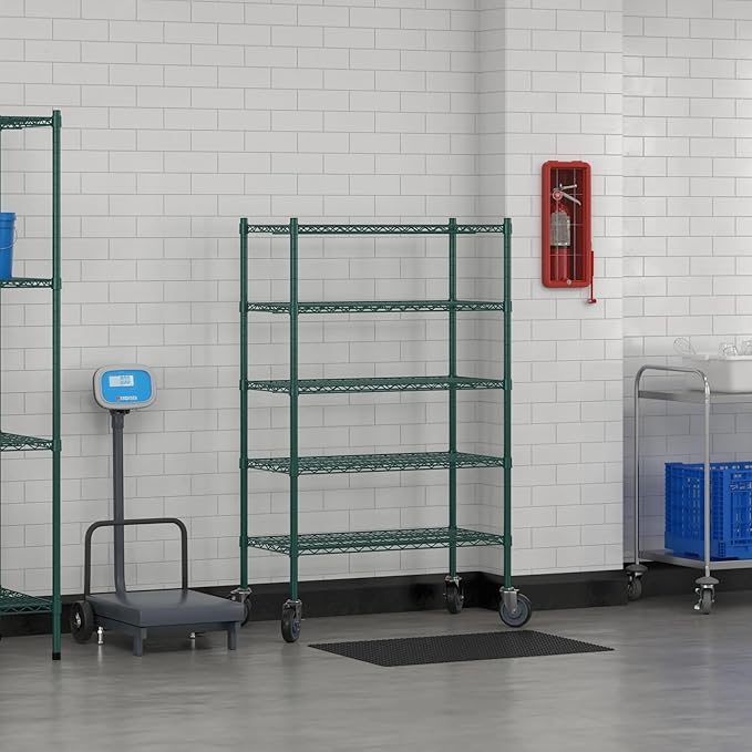 Commercial NSF Listed Green Epoxy Mobile Wire Shelving Kit 18" x 36" x 60", with 5 Shelves Perfect for Warehouse, Walk-in Refrigerator, Freezer, Grocery Store, Restaurant, Dishroom