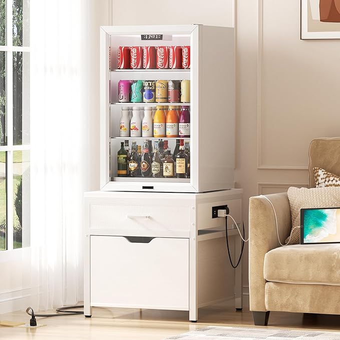 Unikito Mini Fridge Stand with Drawer Storage and Sockets, Heavy Duty Small Refrigerator Stand Cart for Dorm, Apartment, Office, Bedroom, Mini Fridge and Microwave Stand, Hold 300LBS, White