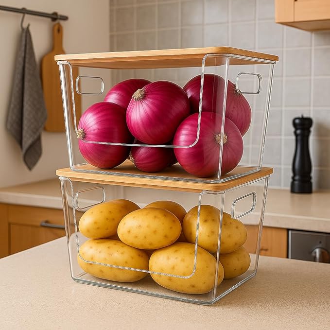 CiWiVOKi 4 Pack Clear Stackable Potato & Onion Storage Bins - Trash Bag Holder Dispenser Under Sink Organizer for Pantry, Kitchen Countertop - Trash Bag Dispenser with Bamboo Lid for 4-13 Gal Bags
