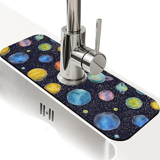 Kitchen Sink Splash Guard，Colorful planets Faucet Mat Sink Gadgets-Super Absorbent Fast Drying Mat Drip Catcher for Kitchen, Bathroom,Sink Mat, Dish Drying Mat, Bathroom(15" X 5.5" )