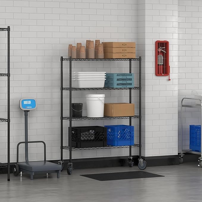 Commercial NSF Listed Black Epoxy Mobile Wire Shelving Kit 12" x 42" x 60", with 4 Shelves Perfect for Warehouse, Walk-in Refrigerator, Freezer, Grocery Store, Restaurant, Dishroom
