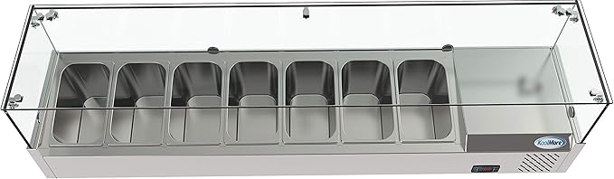 KoolMore Refrigerated Countertop Condiment Prep Station with Glass Sneeze Guard - Includes Seven 1/4 Pans, Silver, 59 Inch (SCDC-7T)