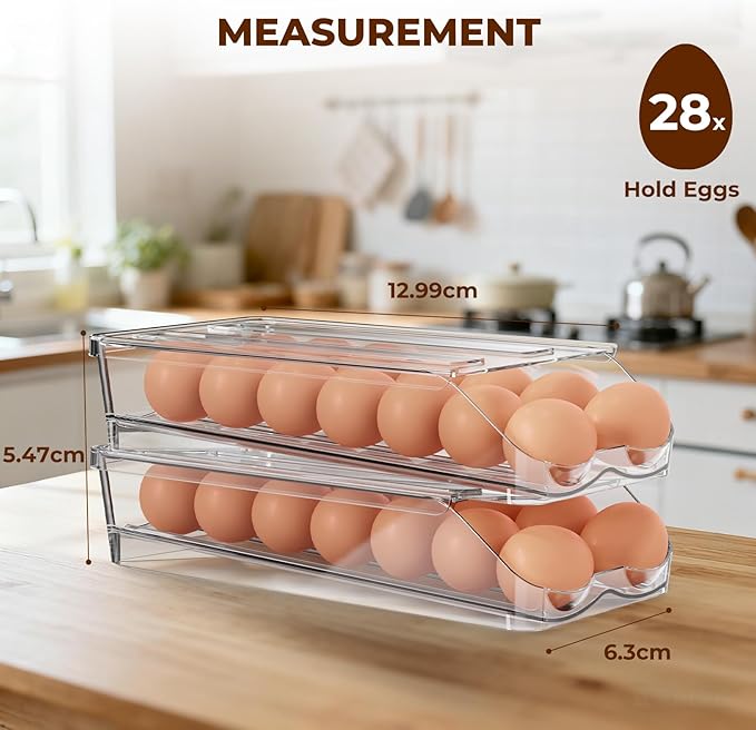 BOBELA Egg Holder for Fridge,Automatic Rolling Egg Container for Refrigerator,Clear Stackable Egg Organizer with Removable Lid for Fridge Organizers and Storage,2 pack
