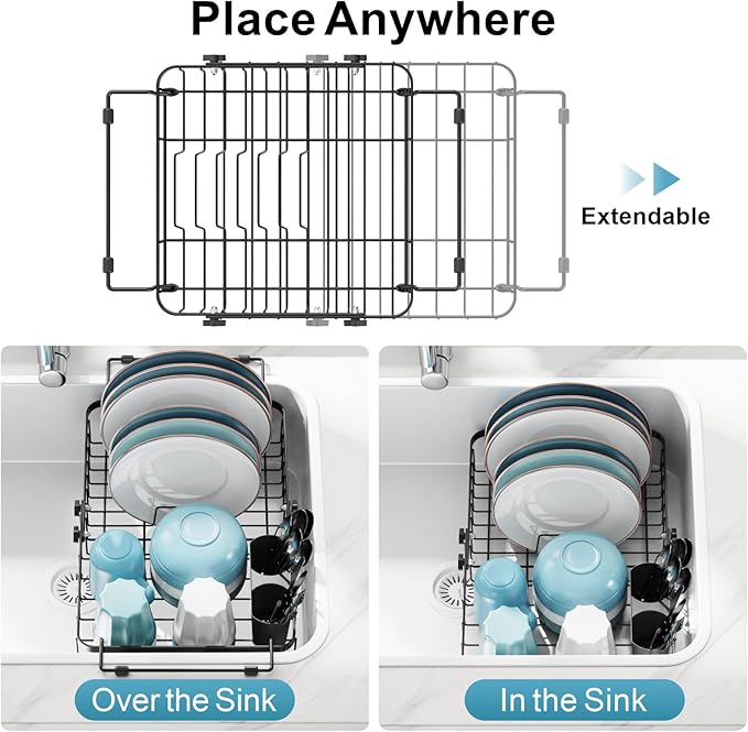 GSlife Over The Sink Dish Drying Rack - Capacity Expandable in Sink Dish Drying Rack with Lock Knob and Utensil Holder, 12.2"-17.3" L x 12.6" W, Black