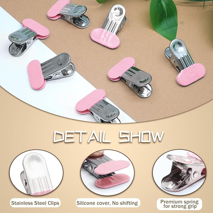 PHITUODA 12 Pack Chip Bag Clips with Silicone Edges, 1.5 Inches Wide Chip Clips Food Clips Bag Clips Stainless Steel Food Bag Clips - Air Tight Seal, Heavy Duty for Kitchen and Office, Pink