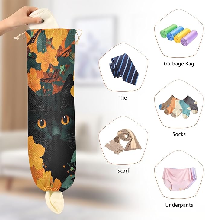Plastic Bag Holder Wall Mount Grocery Bag Shopping Bag Storage Holder Organizer Dispenser with Adhesive Hook,for Kitchen Bathroom Home Decor 9x22 Inches Cute Cat Flower18