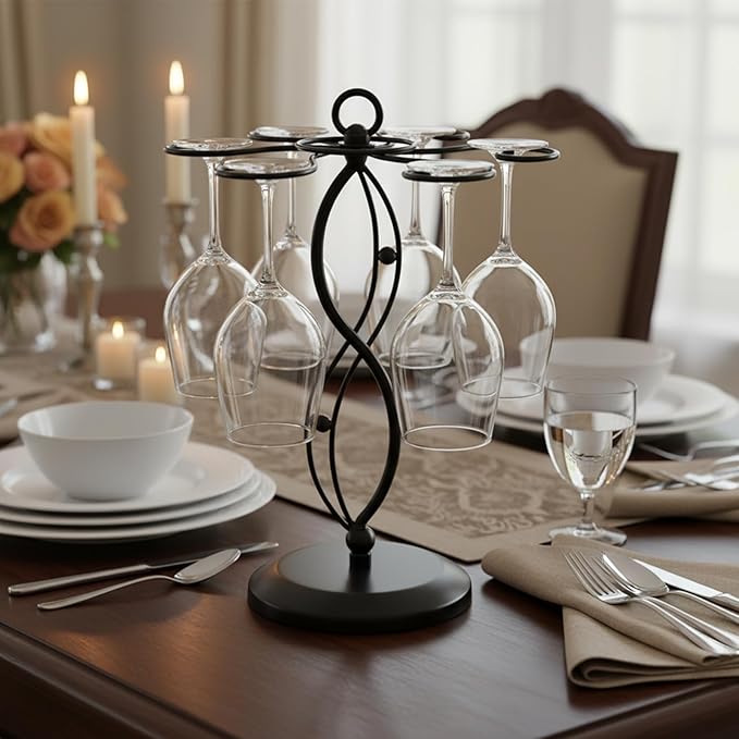 MyGift 6-Hook Rotating Wine Glass Rack with Sturdy Base & Scrollwork Design - Black Metal Countertop Stemware Holder | Rust-Resistant, Space-Saving Storage for Kitchen, Bar, Dining Table (13.75" H)