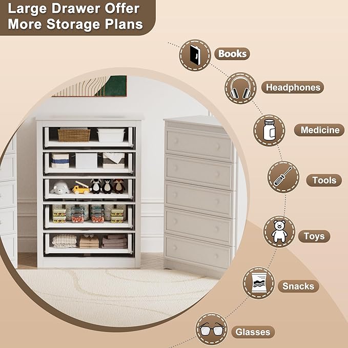 5 Drawer Dresser for Bedroom, Tall Wooden Chest of Drawers with Spacious Top, Modern Storage Organizer Cabinet for Closet, Nursery, Living Room, 15.7" D x 31.5" W x 45.7" H (White)