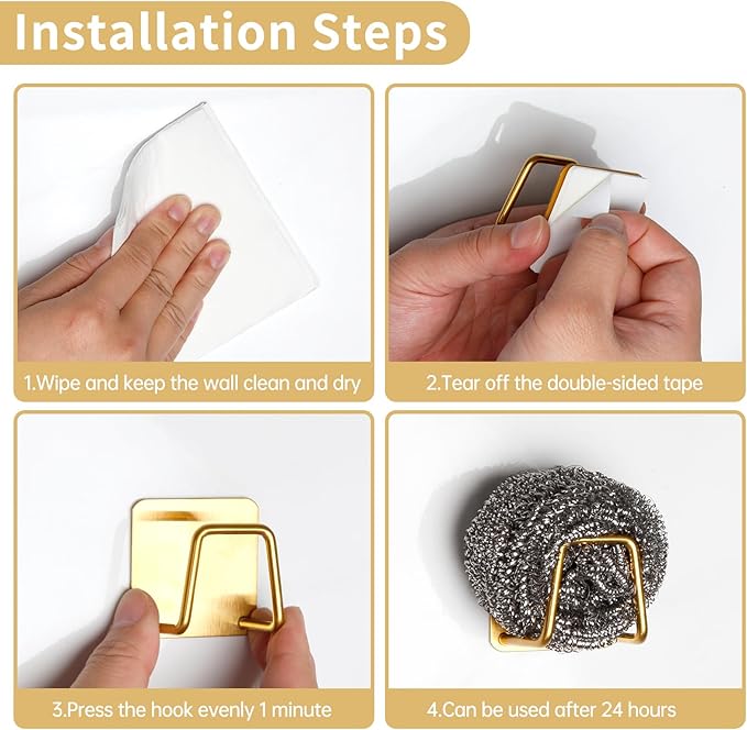 4 Pcs Adhesive Sponge Holder for Kitchen Sink Essentials,No Drilling.Stainless Steel Small Dish Sponge Holder for Sink Counter,Dish Sponge and Brush Organization Holder.Rustproof and Waterproof,Gold